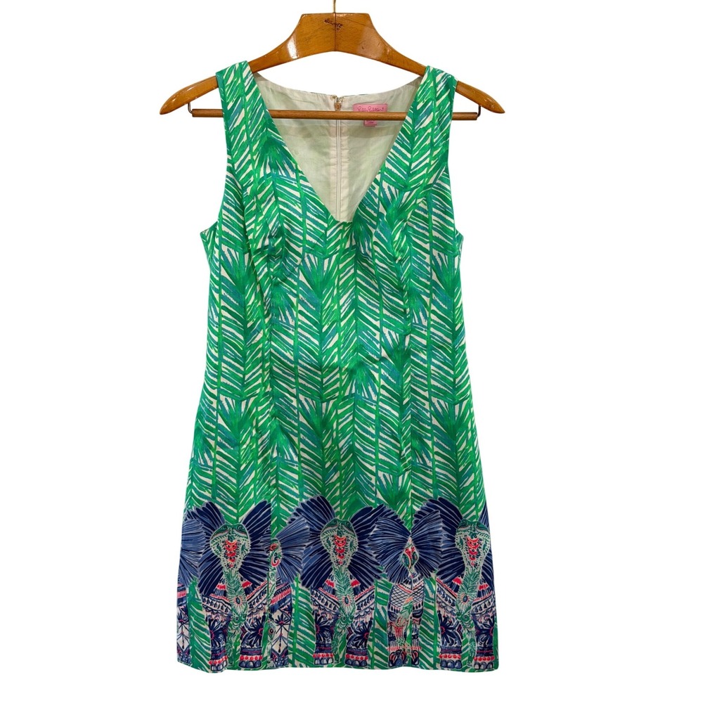 Lilly Pulitzer Shift Dress Womens 10‎ Green Elephant Palm Print Mini